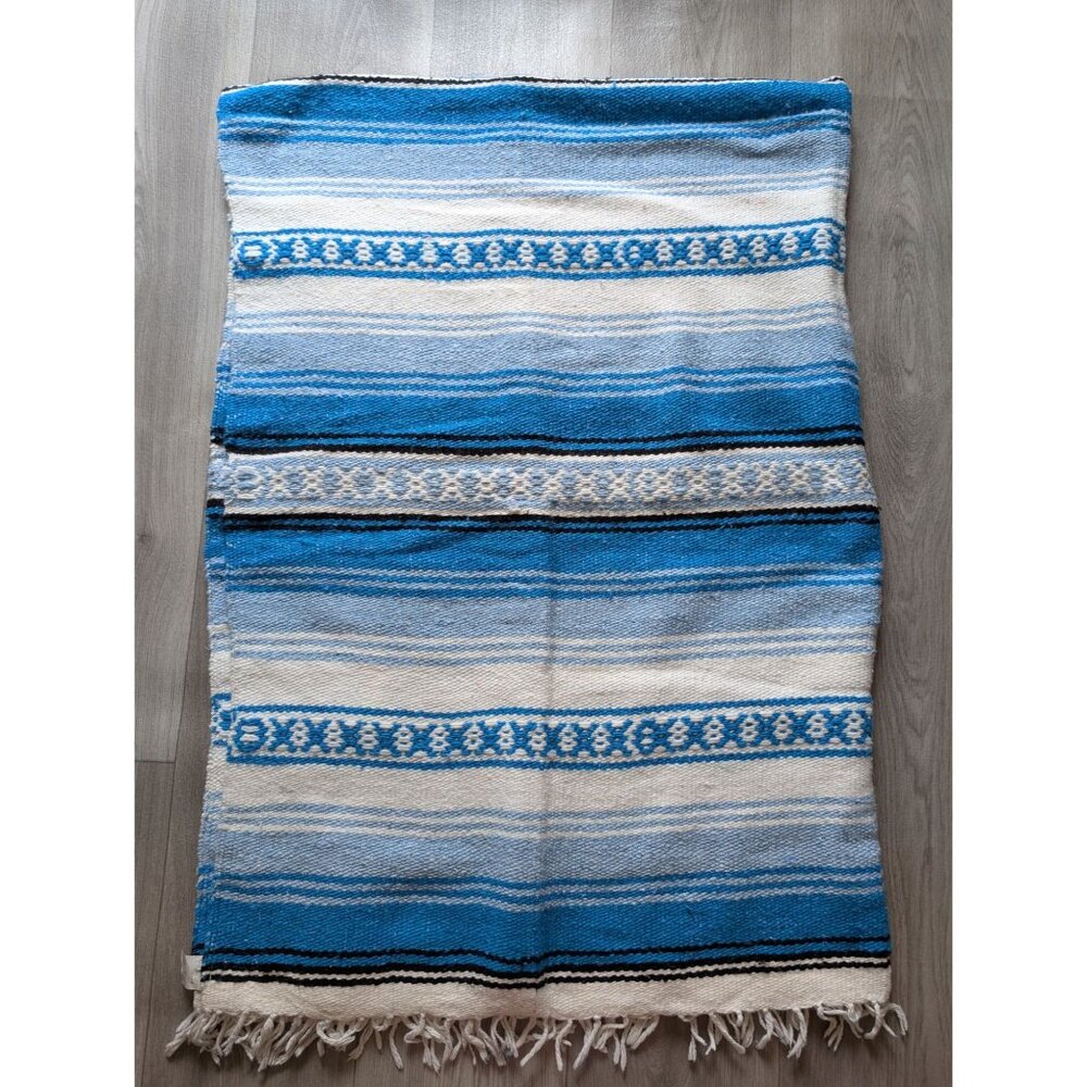 Handwoven Mexican Serape Blanket Blue & White  74"x49" Cotton Fringed Edges